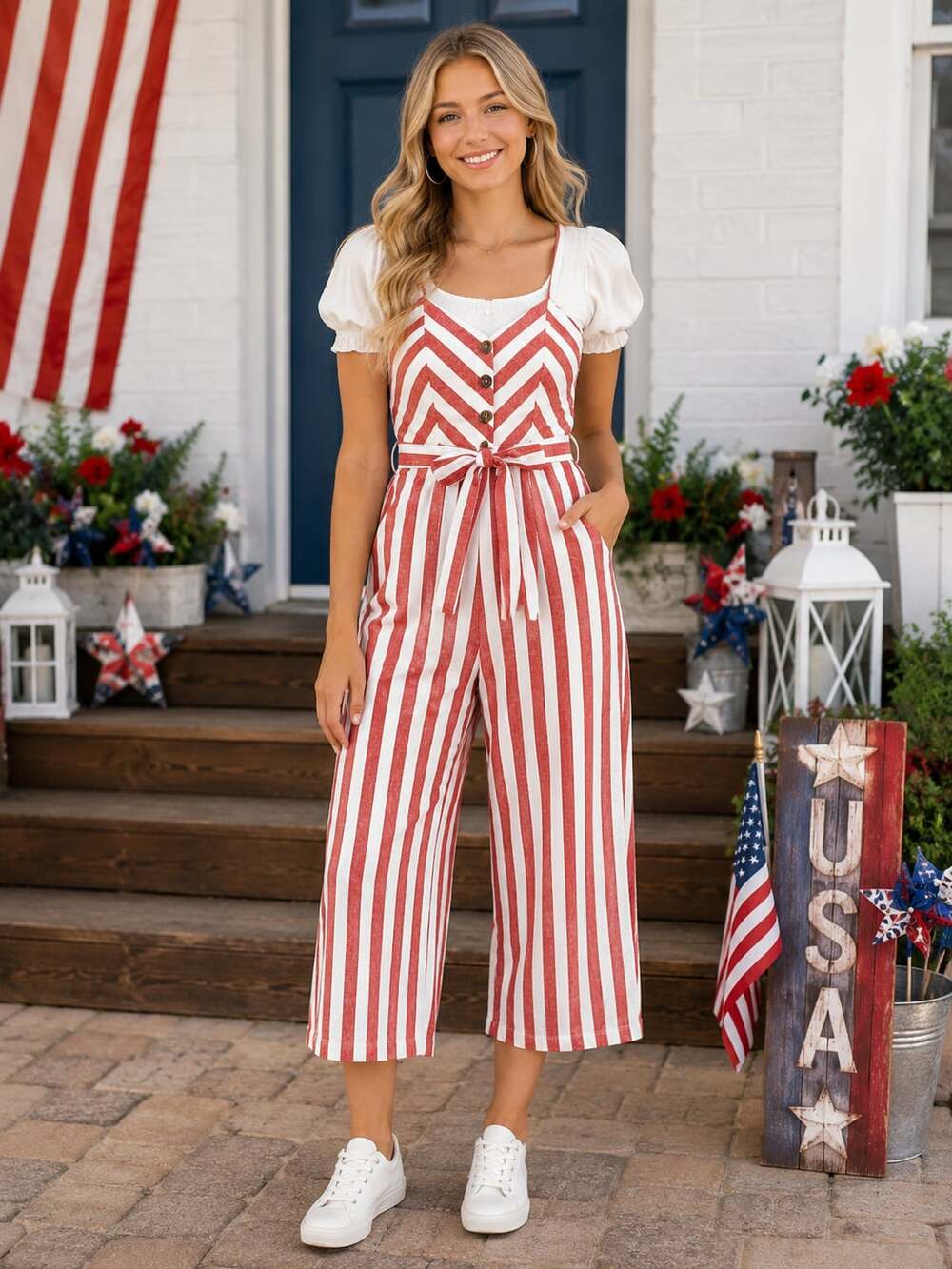 Kensie Jeans Red White Striped Linen Blend Wide Leg Cropped Jumpsuit Small